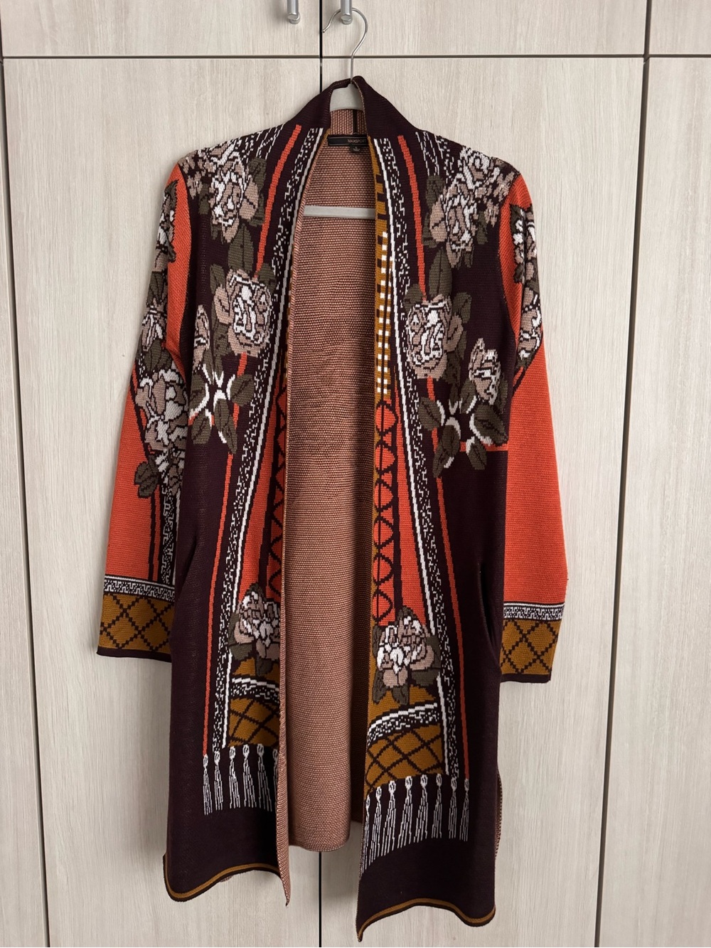 Floral Open-Front Long Knit Cardigan - Rust & Deep Brown Sz S